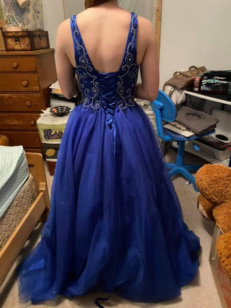 Shiny A Line Beaded Blue Tulle Long Prom Dresses, Blue Formal Graduation Evening Dresses with Beadings SP3092