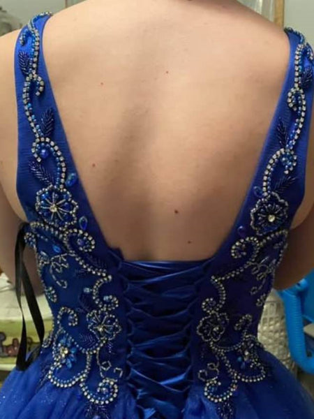 Shiny A Line Beaded Blue Tulle Long Prom Dresses, Blue Formal Graduation Evening Dresses with Beadings SP3092