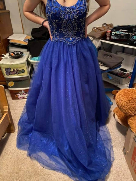 Shiny A Line Beaded Blue Tulle Long Prom Dresses, Blue Formal Graduation Evening Dresses with Beadings SP3092