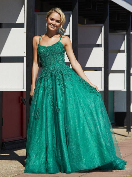 Shiny A Line Green Lace Long Prom Dresses, Long Green Lace Formal Dresses, Green Evening Dresses SP3057