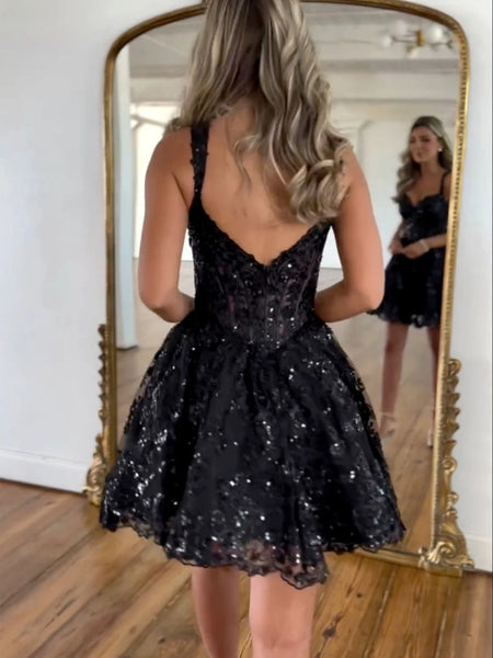 Shiny A Line Open Back Sweetheart Neck Black Lace Short Prom Dresses, Black Lace Homecoming Dresses SP3271