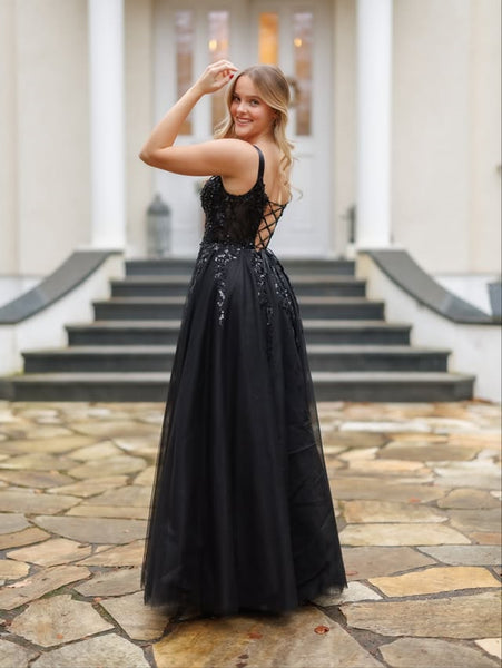 Shiny A Line Square Neck Black Lace Long Prom Dresses with Slit, Black Lace Formal Graduation Evening Dresses SP3410