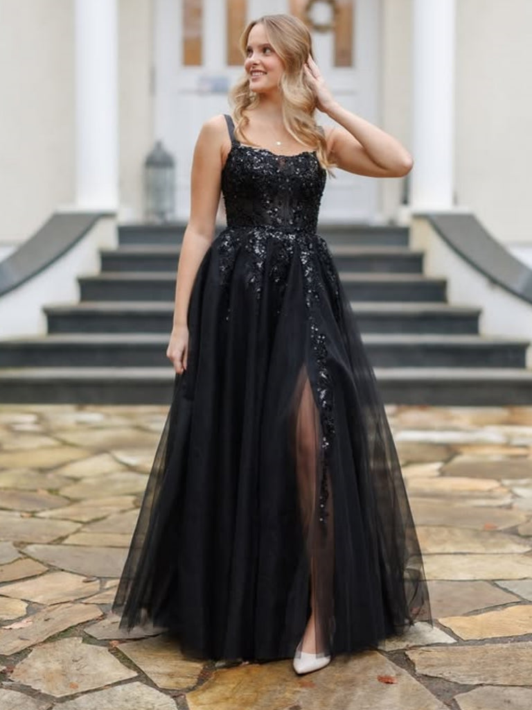 Shiny A Line Square Neck Black Lace Long Prom Dresses with Slit, Black Lace Formal Graduation Evening Dresses SP3410