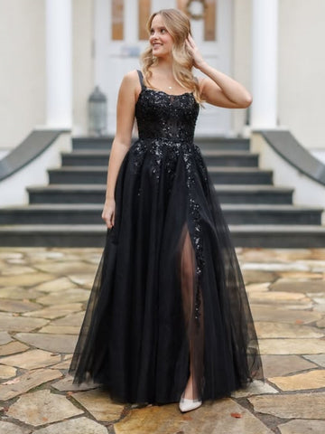 Shiny A Line Square Neck Black Lace Long Prom Dresses with Slit, Black Lace Formal Graduation Evening Dresses SP3410