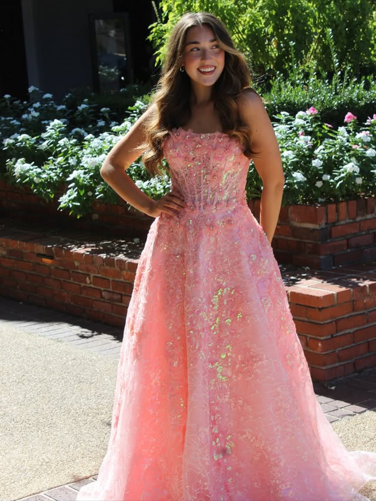 Shiny A Line Square Neck Pink Lace Long Prom Dresses, Pink Lace Formal Dresses, Pink Evening Dresses SP3380