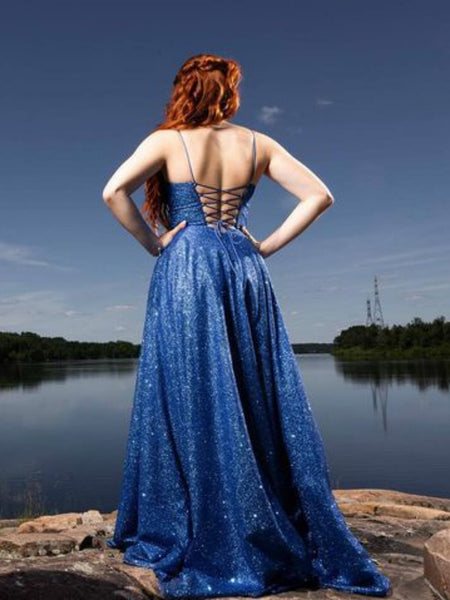 Shiny A Line Sweetheart Neck Open Back Navy Blue Long Prom Dresses, Navy Blue Formal Graduation Evening Dresses SP3114