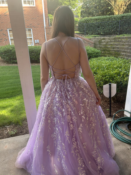 Shiny A Line V Neck Backless Lilac Lace Long Prom Dresses, Lilac Lace Formal Graduation Evening Dresses SP3028