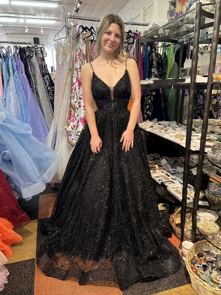Shiny A Line V Neck Black Tulle Long Prom Dresses, Long Black Formal G Shiny Party Shiny A Line V Neck Black Tulle Long Prom Dresses, Long Black Formal G Shiny Party