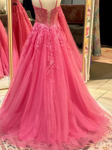Shiny A Line V Neck Hot Pink Lace Long Prom Dresses, Hot Pink Lace Formal Dresses, Hot Pink Evening Dresses SP3361