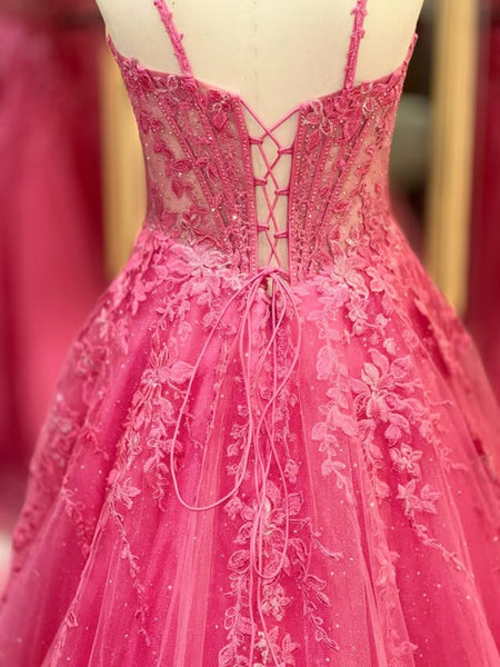 Shiny A Line V Neck Hot Pink Lace Long Prom Dresses, Hot Pink Lace Formal Dresses, Hot Pink Evening Dresses SP3361
