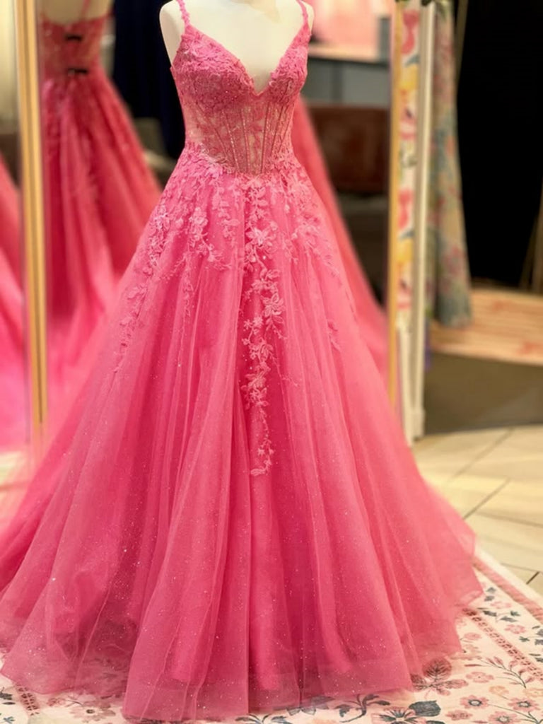 Shiny A Line V Neck Hot Pink Lace Long Prom Dresses, Hot Pink Lace Formal Dresses, Hot Pink Evening Dresses SP3361