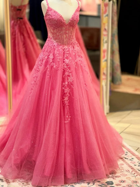Shiny A Line V Neck Hot Pink Lace Long Prom Dresses, Hot Pink Lace Formal Dresses, Hot Pink Evening Dresses SP3361