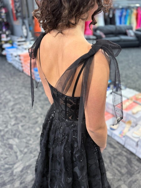 Shiny A Line V Neck Open Back Black Lace Long Prom Dresses, Black Lace Formal Dresses, Black Evening Dresses SP3414