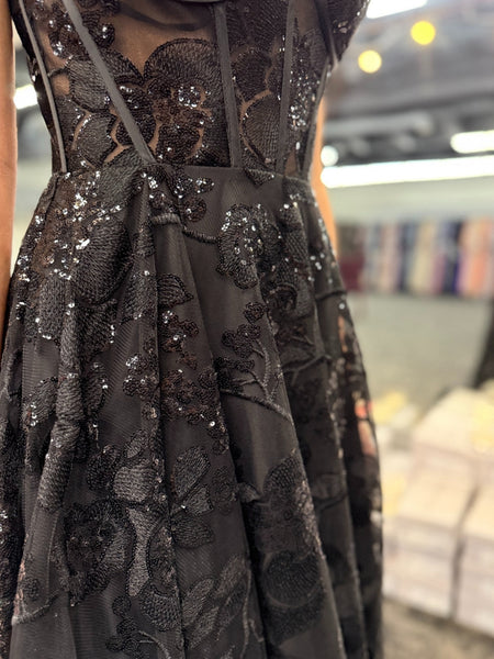 Shiny A Line V Neck Open Back Black Lace Long Prom Dresses, Black Lace Formal Dresses, Black Evening Dresses SP3414