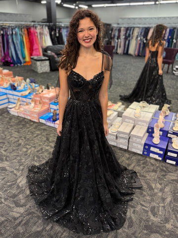 Shiny A Line V Neck Open Back Black Lace Long Prom Dresses, Black Lace Formal Dresses, Black Evening Dresses SP3414