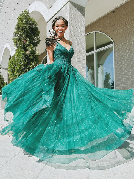 Shiny A Line V Neck Open Back Green Lace Long Prom Dresses, Green Lace Formal Graduation Evening Dresses SP3090