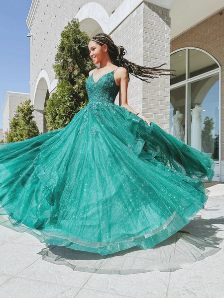 Shiny A Line V Neck Open Back Green Lace Long Prom Dresses, Green Lace Formal Graduation Evening Dresses SP3090