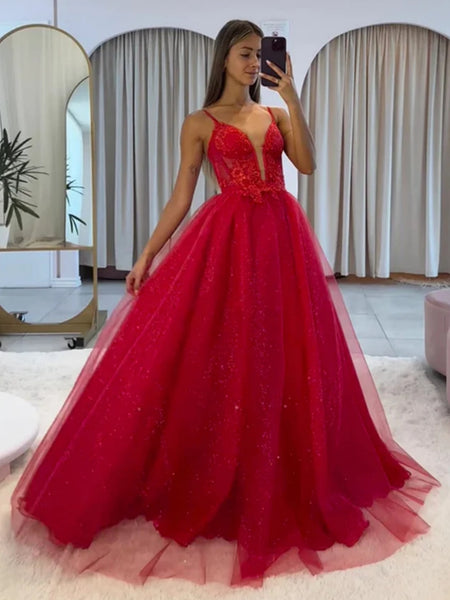 Shiny A Line V Neck Red Lace Long Prom Dresses, Red Lace Formal Dresses, Long Red Evening Dresses SP2957