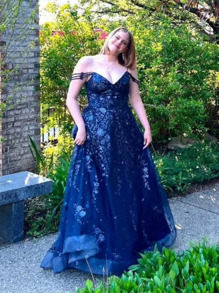 Shiny Off Shoulder Navy Blue Lace Long Prom Dresses, Navy Blue Floral Formal Dresses, Navy Blue Evening Dresses with Appliques SP3084