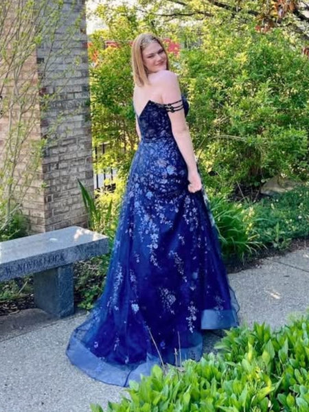 Shiny Off Shoulder Navy Blue Lace Long Prom Dresses, Navy Blue Floral Formal Dresses, Navy Blue Evening Dresses with Appliques SP3084