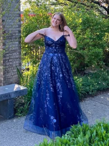 Shiny Off Shoulder Navy Blue Lace Long Prom Dresses, Navy Blue Floral Formal Dresses, Navy Blue Evening Dresses with Appliques SP3084