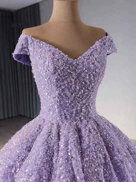 Shiny Off Shoulder Purple Sequins Long Prom Dresses, Off the Shoulder Formal Dresses, Purple Evening Dresses with Sequins Top SP3046