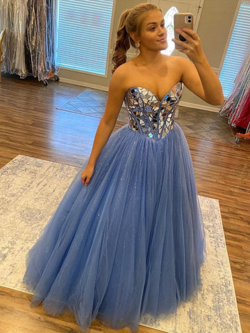 Shiny Sequins Strapless Blue Tulle Long Prom Dresses, Strapless Blue Formal Dresses, Blue Evening Dresses SP2927