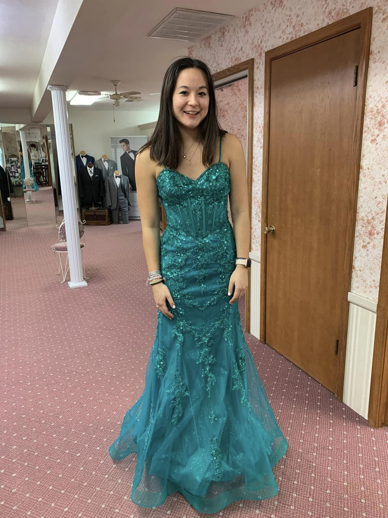 Shiny Spaghetti Straps Mermaid Green Lace Sequins Long Prom Dresses, M Shiny Party Shiny Spaghetti Straps Mermaid Green Lace Sequins Long Prom Dresses, M Shiny Party