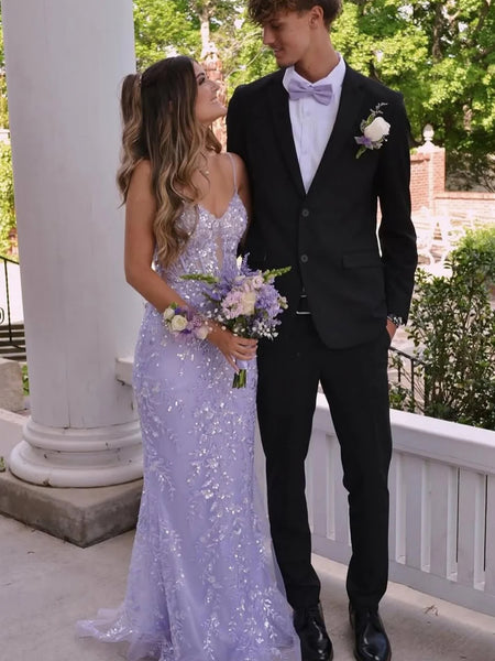 Shiny Spaghetti Straps Mermaid Lilac Lace Long Prom Dresses, Mermaid Lilac Formal Dresses, Lilac Lace Evening Dresses SP3240