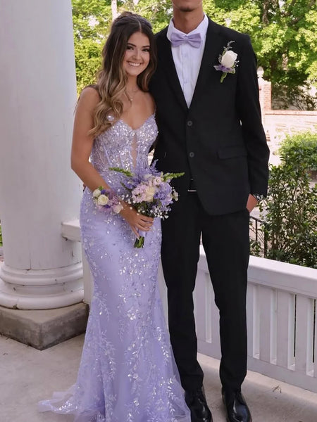 Shiny Spaghetti Straps Mermaid Lilac Lace Long Prom Dresses, Mermaid Lilac Formal Dresses, Lilac Lace Evening Dresses SP3240