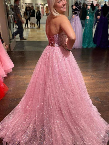 Shiny Strapless Backless Pink Tulle Long Prom Dresses, A Line Pink Formal Graduation Evening Dresses SP2937