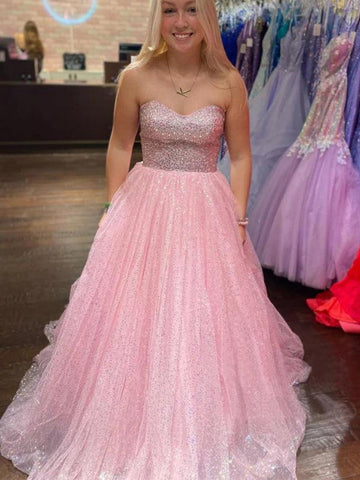 Shiny Strapless Backless Pink Tulle Long Prom Dresses, A Line Pink Formal Graduation Evening Dresses SP2937