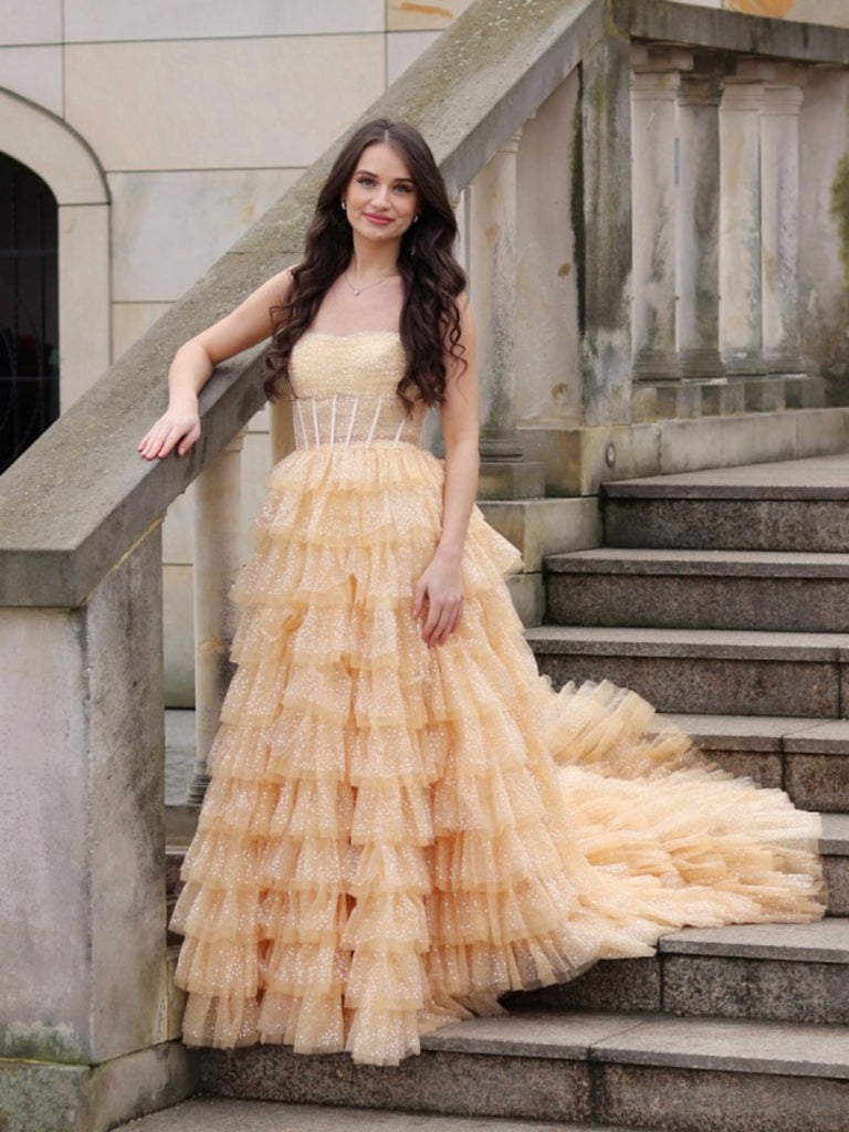 Shiny Strapless Champagne Layered Long Prom Dresses with Train, Long Champagne Formal Graduation Evening Dresses SP2910 Shiny Strapless Champagne Layered Long Prom Dresses with Train, Long Champagne Formal Graduation Evening Dresses SP2910
