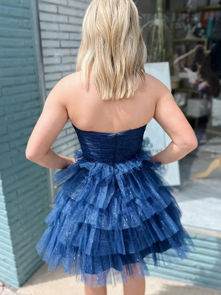 Shiny Strapless Sweetheart Neck Navy Blue Tulle Short Prom Dresses, Navy Blue Homecoming Dresses SP3249