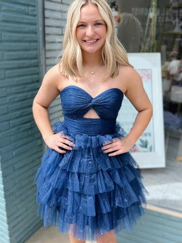 Shiny Strapless Sweetheart Neck Navy Blue Tulle Short Prom Dresses, Navy Blue Homecoming Dresses SP3249