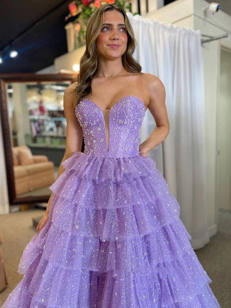Shiny Strapless V Neck Layered Purple Tulle Long Prom Dresses, Long Purple Formal Graduation Evening Dresses SP2950