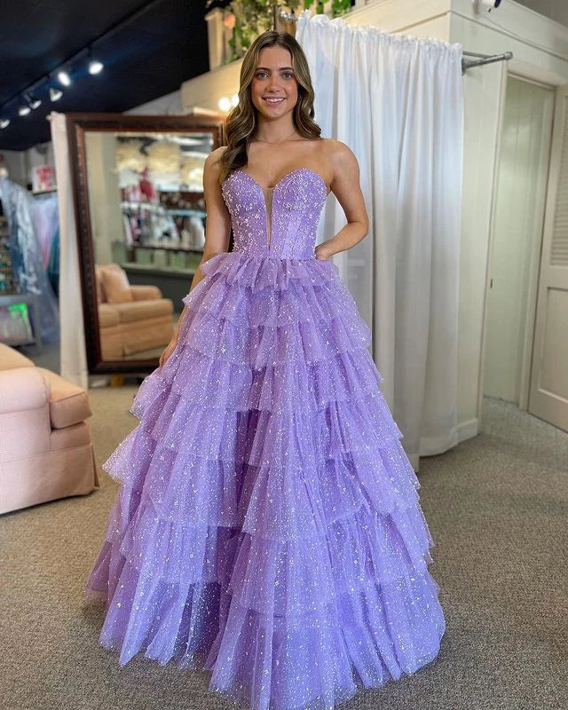 Shiny Strapless V Neck Layered Purple Tulle Long Prom Dresses, Long Pu Shiny Party Shiny Strapless V Neck Layered Purple Tulle Long Prom Dresses, Long Pu Shiny Party