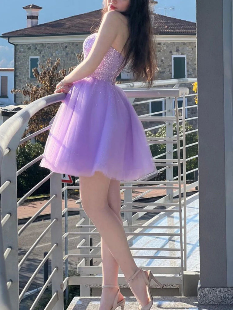 Shiny Sweetheart Neck Purple Sequins Prom Dresses, Strapless Lilac Hom Shiny Party Shiny Sweetheart Neck Purple Sequins Prom Dresses, Strapless Lilac Hom Shiny Party