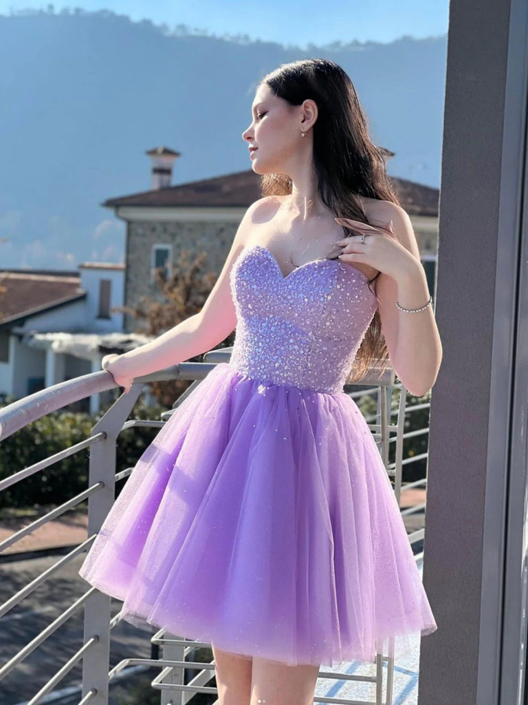 Shiny Sweetheart Neck Purple Sequins Prom Dresses, Strapless Lilac Homecoming Dresses, Short Purple Formal Graduation Evening Dresses SP2719 Shiny Sweetheart Neck Purple Sequins Prom Dresses, Strapless Lilac Homecoming Dresses, Short Purple Formal Graduation Evening Dresses SP2719