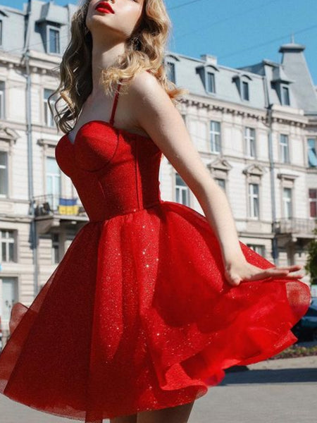 Shiny Sweetheart Neck Red Tulle Short Prom Dresses, Red Homecoming Dresses, Short Formal Graduation Evening Dresses SP2760