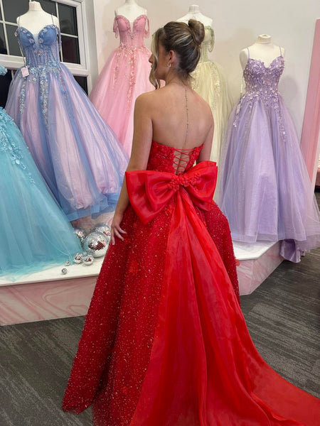 Shiny Sweetheart Neck Strapless Red Long Prom Dresses with Appliques, Long Red Formal Graduation Evening Dresses SP3430