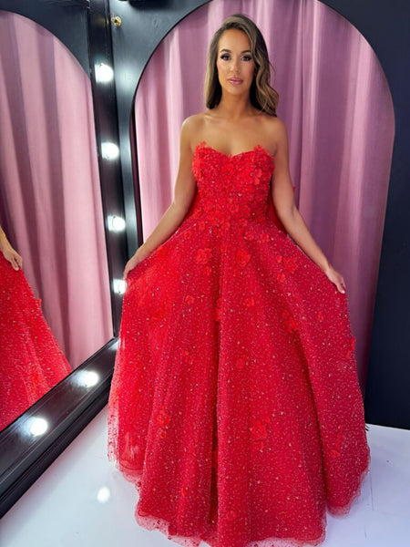 Shiny Sweetheart Neck Strapless Red Long Prom Dresses with Appliques, Long Red Formal Graduation Evening Dresses SP3430