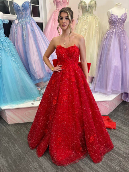 Shiny Sweetheart Neck Strapless Red Long Prom Dresses with Appliques, Long Red Formal Graduation Evening Dresses SP3430