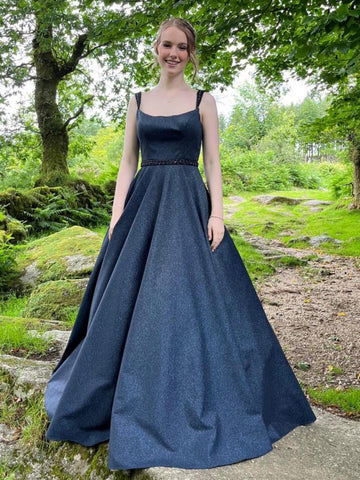 Shiny Tulle A Line Black Long Prom Dresses with Belt, Black Tulle Formal Graduation Evening Dresses SP3338