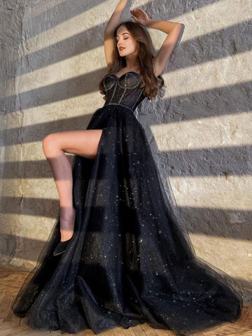 Shiny Tulle A Line Black Long Prom Dresses with High Slit, Long Black Formal Graduation Evening Dresses SP3250