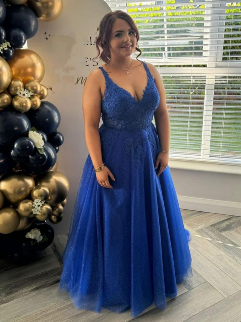 Shiny Tulle A Line V Neck Blue Lace Long Prom Dresses, Blue Lace Formal Dresses, Blue Evening Dresses SP3300