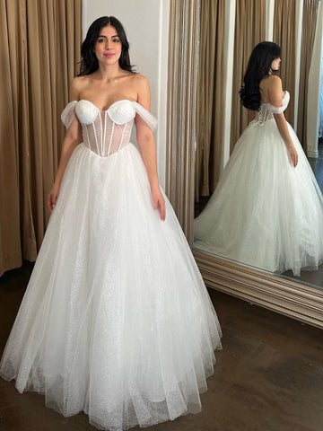 Shiny Tulle Off the Shoulder White Long Prom Dresses, Long White Formal Graduation Evening Dresses SP3462