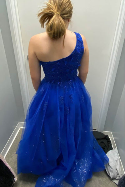 Shiny Tulle One Shoulder Blue Lace Long Prom Dresses, One Shoulder Blue Formal Dresses, Blue Lace Evening Dresses SP3075