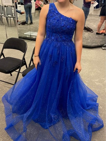 Shiny Tulle One Shoulder Blue Lace Long Prom Dresses, One Shoulder Blue Formal Dresses, Blue Lace Evening Dresses SP3075