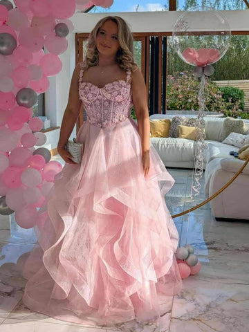 Shiny Tulle Pink Lace Long Prom Dresses, Pink Lace Formal Graduation Evening Dresses SP3302